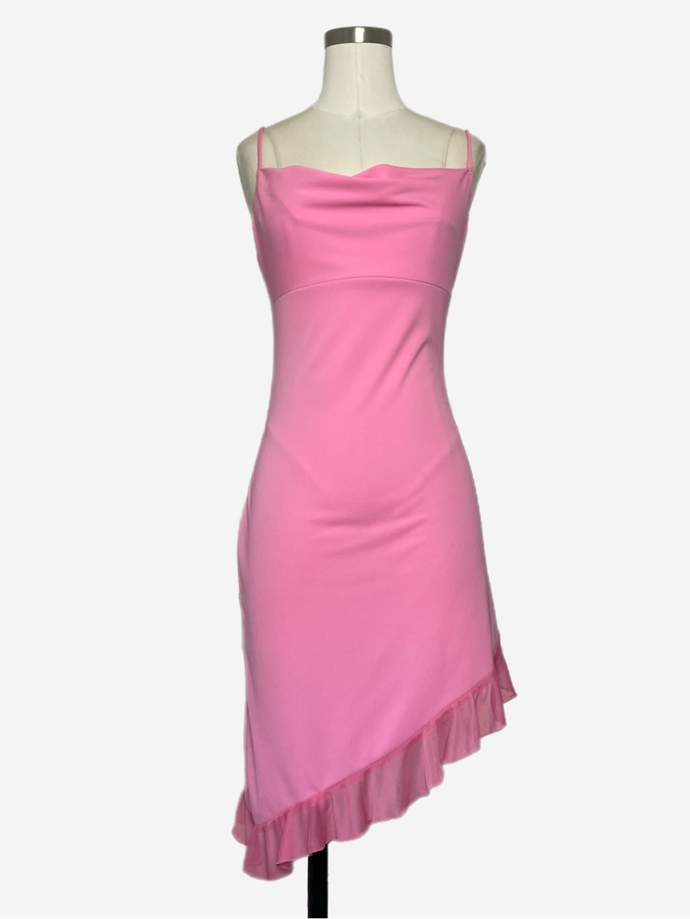 Vintage 90s Hourglass Pink cowl neck asymmetric ruffle hem slip dress barbie XS